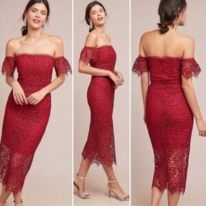 ML Monique Lhuillier Womens Red Raspberry Off The Shoulder Lace Overlay Dress 0P
